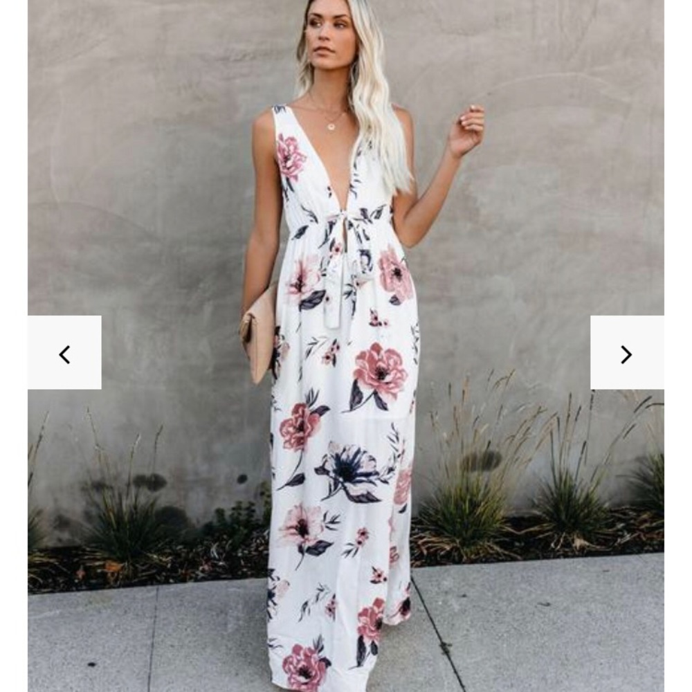 White and floral V neck maxi dress